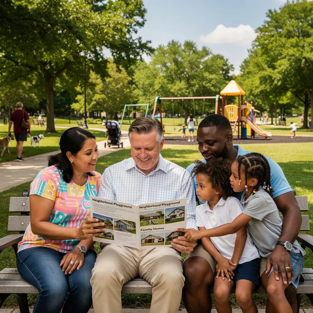 Rodzina przeglądająca oferty wynajmu domów na laptopie.