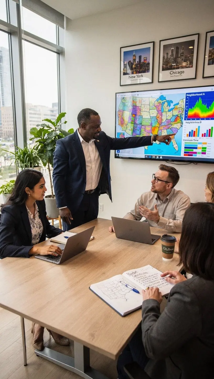 Rodzina oglądająca nieruchomość w przyjaznej okolicy.