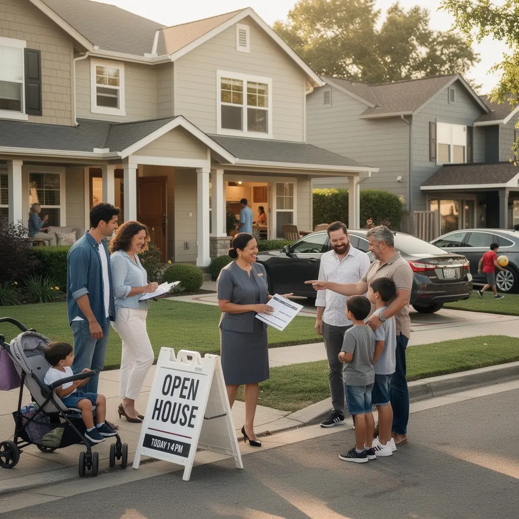 Rodzina przeglądająca oferty wynajmu mieszkań przy biurze doradczym.