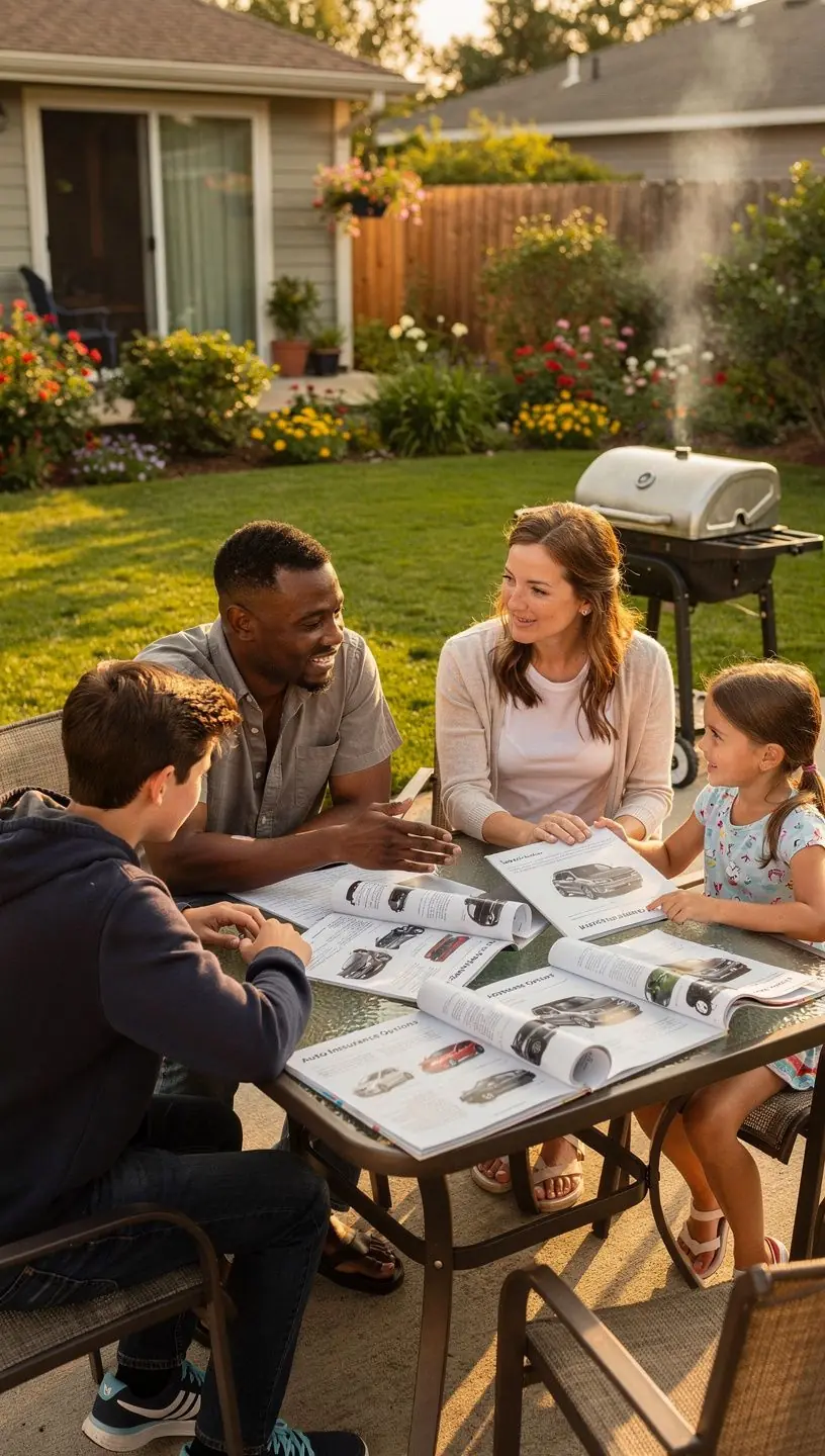 Rodzina rozmawiająca o wyborze najlepszego ubezpieczenia samochodowego